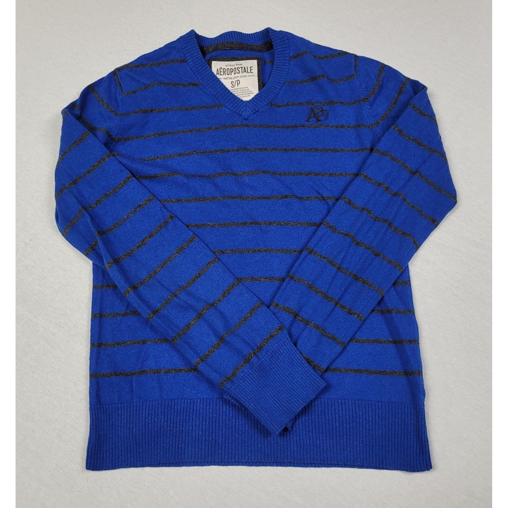 Aeropostale Men's Size S V-Neck Sweater Blue Grey Striped Embroidered Logo